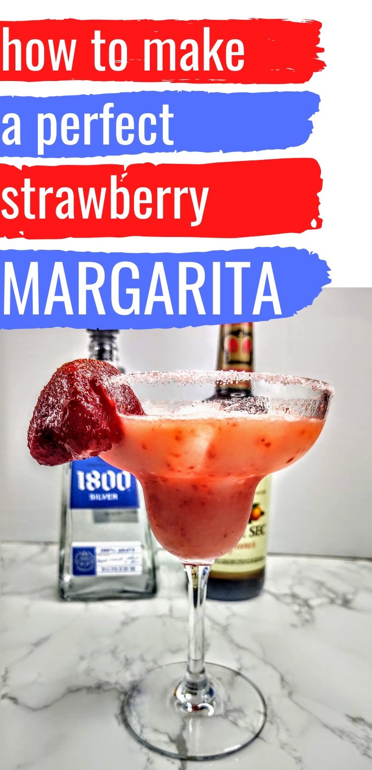 pinterest image of strawberry margarita. text reads, "how to make a perfect strawberry margarita"
