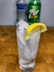 closeup of glass of vodka and 7up
