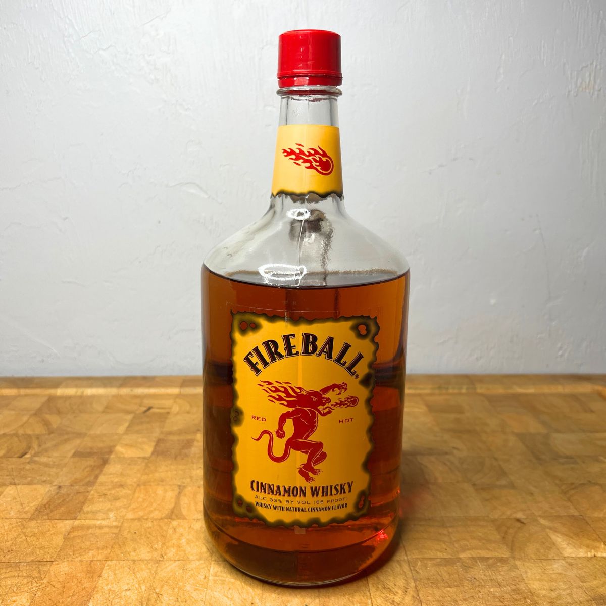 Bottle of Fireball on a table.
