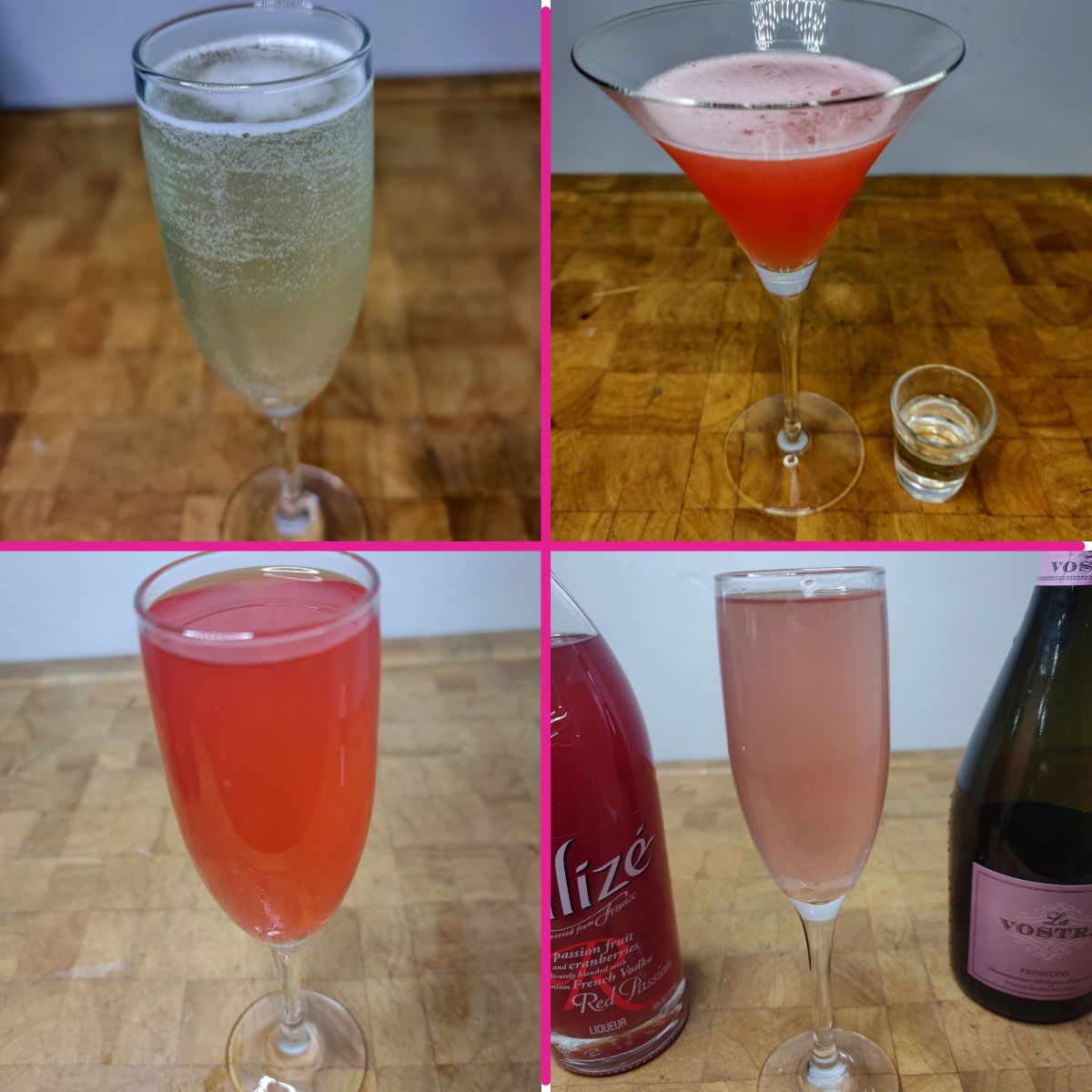 Champagne drinks in a grid - french 75, pornstar martini, blushing bride, thug passion.