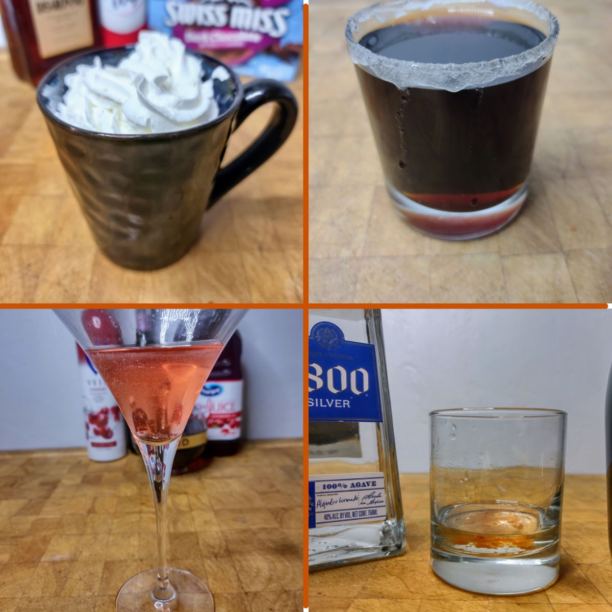 grid of - boozy hot chocolate, spanish coffee vampires kiss and tequila boom new years eve drinks.