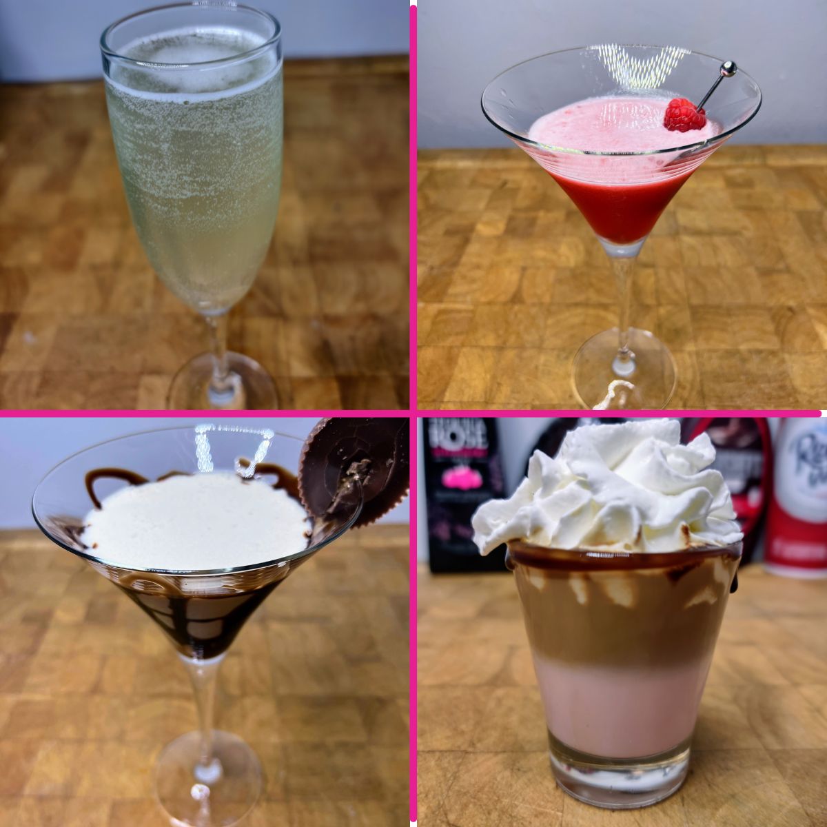 Grid with valentines drinks - french 75, raspberry martini, peanut butter cup martini and chocolate covered cherry shot.
