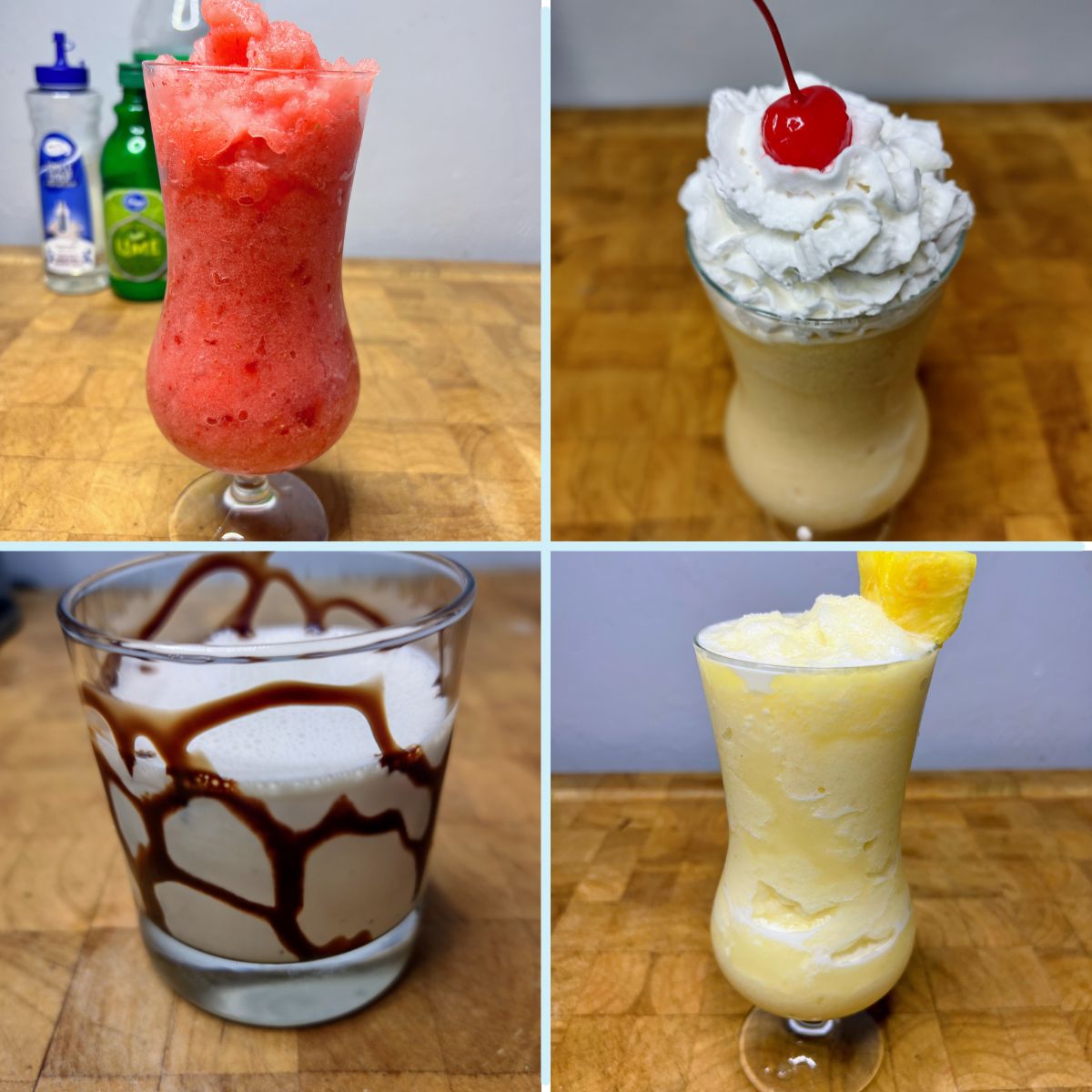 Grid of 4 frozen cocktails: virgin strawberry daquiri, dirty monkey, frozen mudslide, virgin pina colada.
