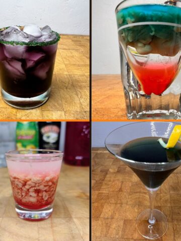 Grid of Halloween drinks: drunk witch drink, alien brain hemorrhage, monkey brain and black martini.
