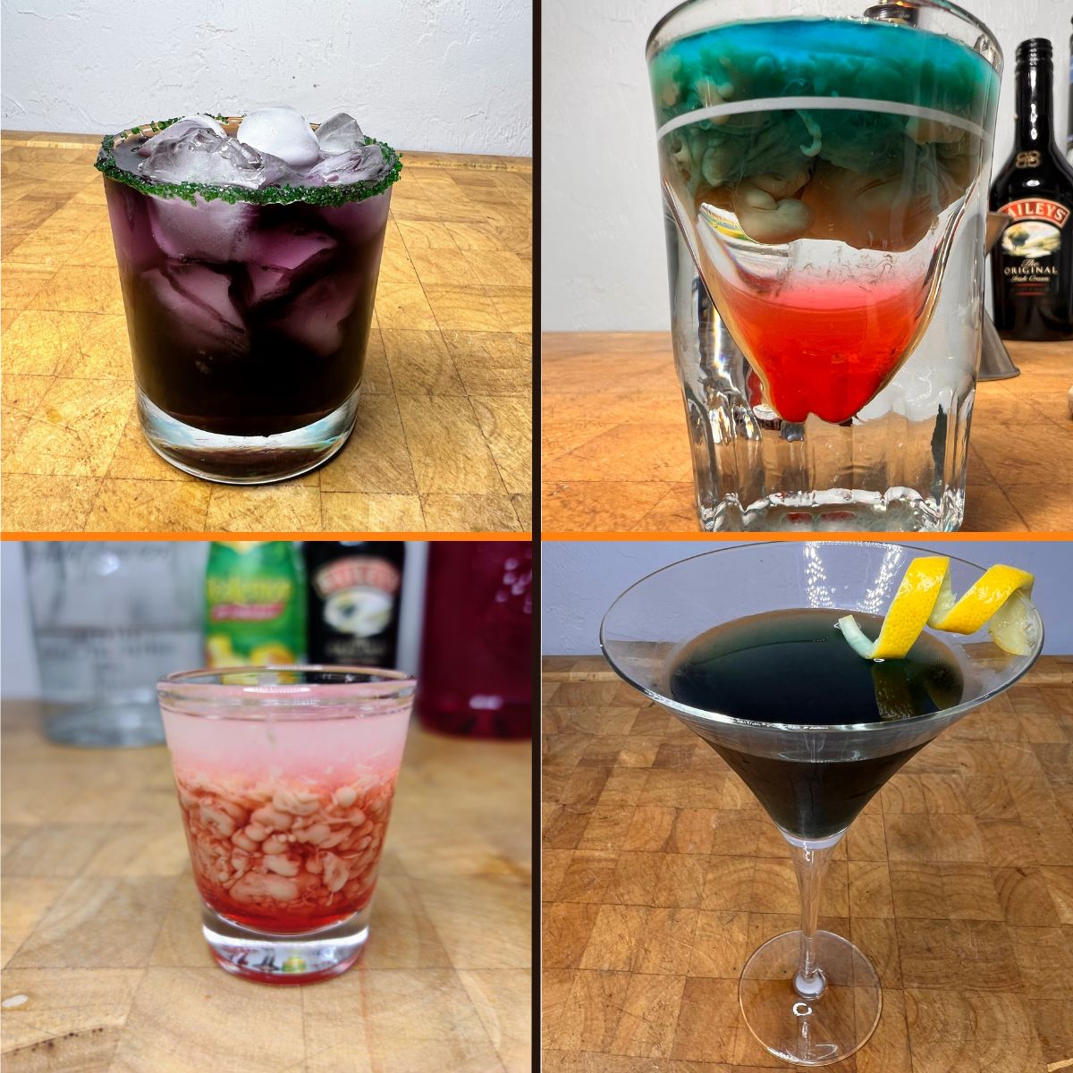 Grid of Halloween drinks: drunk witch drink, alien brain hemorrhage, monkey brain and black martini.