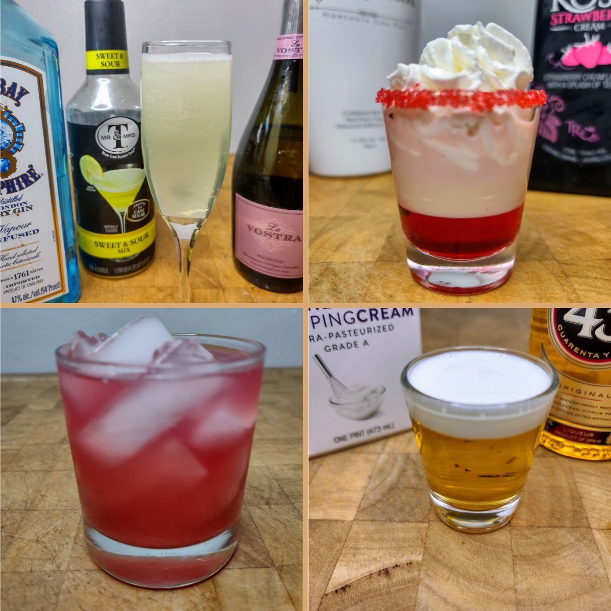 Wedding drink collage with french 75, french kiss shot, love potion and mini beer shot.